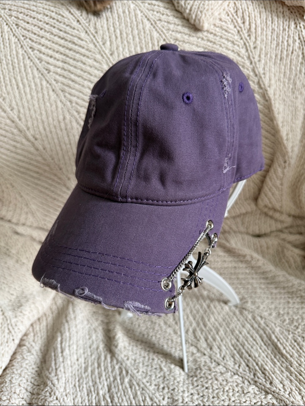Purple Distressed Baseball Cap with Decorative Charm
